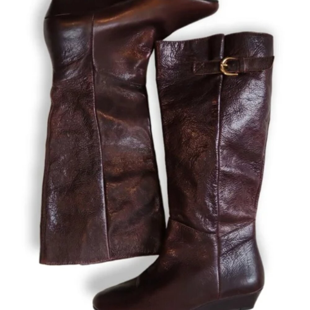 BROWN WEDGE BOOTS Steven by Steve Madden Intyce in Cognac Leather SIZE 9
